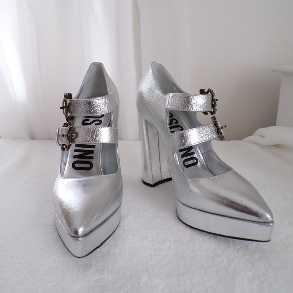 Moschino Metallic Crackle Leather Ornate Buckle Block Heel Platform Pump Lux NIB - Picture 6 of 16
